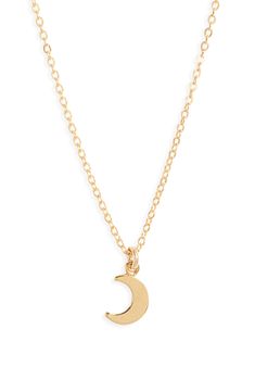 A dainty crescent moon pendant lends a hint of celestial gleam to this handcrafted chain necklace. 16" length 14k-gold fill Made in the USA Dainty Crescent Charm Necklaces For Everyday, Dainty 14k Gold Filled Crescent Necklaces, Dainty Crescent Yellow Gold Charm Necklaces, Dainty Yellow Gold Crescent Charm Necklaces, Celestial Crescent Charm Necklace With Delicate Chain, Dainty 14k Gold-filled Necklace With Moon Charm, Dainty Yellow Gold Moon Charm Necklace, Dainty Half Moon Charm Necklace, Dainty Gold Half-moon Charm Necklace