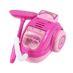 a pink toy car with wheels and steering wheel