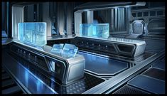 a futuristic sci - fi space station with blue lights