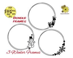 three round frames with snowman and christmas decorations on the top one is black and white