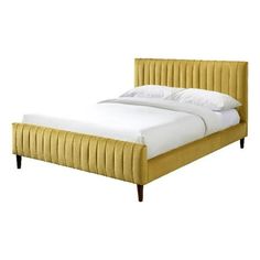 a yellow bed with white sheets and pillows on the headboard is against a white background