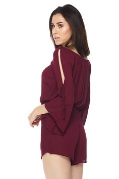 Stylishly chic, this solid cold-shoulder trend has bell sleeve and a sleeve tie accent. This romper is nothing short of style. Burgundy. True to size. 100% Rayon Chic Off-shoulder Jumpsuits And Rompers For Fall, Chic Off-shoulder Jumpsuits For Fall, Web Store, Bell Sleeve, Cold Shoulder, Bell Sleeves, Happy Shopping, Product Launch, Dress Up