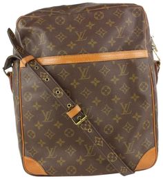 Designer Tan Travel Bag, Brown Monogram Canvas Rectangular Shoulder Bag, Rectangular Monogram Canvas Bag With Adjustable Strap, Designer Monogram Canvas Satchel, Modern Tan Monogram Canvas Bag, Rectangular Monogram Canvas Shoulder Bag For Travel, Tan Monogram Canvas Satchel, Tan Monogram Canvas Satchel Bag, Tan Monogram Canvas Bag