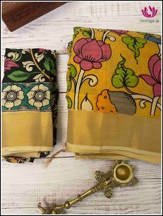 This exquisite saree features a blend of Soft silk, authentic pen Kalamkari and a half white zari border. The body is golden yellow and features traditional floral Kalamkari pattern, while the pallu boasts a stunning scene of the Krishna and Radha. An exclusive piece of art, this saree is ideal for festive wear, making it a truly unique statement piece and would definitely make a lasting impression. The package includes an unstitched floral blouse piece. Tassels on pallu. Fall and Pico - Done. B Yellow Block Print Traditional Wear For Festive Occasions, Gold Traditional Wear With Printed Border For Diwali, Yellow Block Print Traditional Wear For Festivals, Chanderi Saree With Kalamkari Print For Traditional Ceremonies, Yellow Kalamkari Traditional Wear For Navratri, Gold Traditional Wear With Printed Border, Gold Traditional Wear With Printed Border For Festivals, Traditional Gold Wear With Printed Border, Yellow Chanderi Traditional Wear With Printed Border