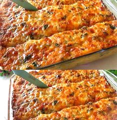 two pictures of a casserole dish with cheese and spinach on the side