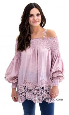 Magnolia Ladies Long Sleeve Fun Crochet Blouse In Mauve Denim Bottoms, Embellished Clothing, Fun Crochet, Flowy Sleeves