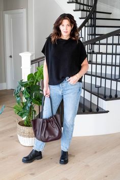 StyleDahlia wearing Eileen Fisher cropped sweater, Citizen of Humanity jeans and lug sole boots carrying Proenza Schouler purse. #styledahlia #proenzaschouler #purseaddict #winterstyle #denimoutfits #over40style How To Wear Belts, Lug Sole Boots, Citizens Of Humanity Jeans, How To Wear Scarves