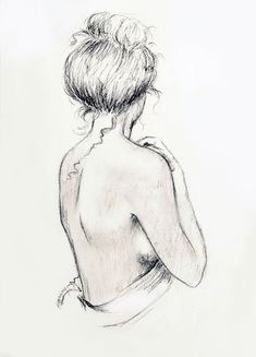 a pencil drawing of a woman's back with her hair in a bunt