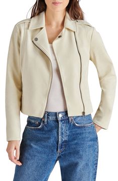 A soft faux suede moto jacket with a cropped hem pairs well with anything in your wardrobe. 19" length (size S) Notch collar Long sleeves 95% polyester, 5% elastane faux suede shell  Hand wash Imported Model stats: 5'10" height, 32" bust, 25" waist, 36" hip. Model is wearing size S. Casual Suede Biker Jacket, Casual Suede Biker Jacket For Fall, Spring Suede Leather Jacket With Long Sleeves, Spring Long Sleeve Suede Leather Jacket, Casual Fitted Suede Biker Jacket, Casual Suede Fitted Biker Jacket, Trendy Suede Leather Jacket, Spring Casual Leather Jacket With Asymmetrical Zip, Not Your Baby