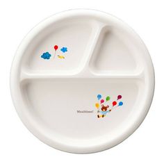 a white plate with colorful designs on the front and bottom, including two compartments for food