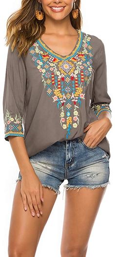 Fall Boho Embroidery Mexican Bohemian Tops Peasant 3/4 Sleeve V Neck Shirt Tunic Blouses Bohemian Half Sleeve Blouse For Spring, Spring Bohemian Half-sleeve Blouse, Spring Bohemian Half Sleeve Blouse, Bohemian Half Sleeve Tops For Fall, Bohemian Blouse With 3/4 Sleeve Floral Print, Bohemian Half Sleeve Blouse With Floral Embroidery, Bohemian Half-sleeve Blouse With Floral Embroidery, Bohemian Blouse With Floral Embroidery And Half Sleeves, Bohemian Top With Floral Embroidery And Half Sleeves