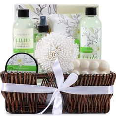 Body & Earth's 9-Piece Lily spa basket includes a Body Lotion, Body Mist, Body Scrub, Bubble Bath, Shower Gel, Bath Salt, Massage Soap Bar & Potpourri. This set comes in a beautiful reusable basket. All items are formulated with top-rated ingredients & beneficial to your skin. This is the perfect gift for yourself or a loved one. Home Spa Set, Spa Basket, Gift Baskets For Women, Earth Gift, Spa Gift Basket, Bath Gift Set, Spa Set, Bath Gift, Gift Sets For Women