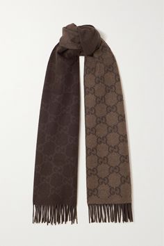 Gucci's scarf has been made in Italy from cashmere that's brushed for extra softness and trimmed with swishy fringing. It's jacquard-knitted with the brand's iconic 'GG' emblem and comes in rich brown shades. Winter Work Wear, Gucci Scarf, Winter Cardigan, Brown Shades, Jacquard Knit, Shearling Jacket, Cashmere Scarf, Dress And Heels, Clothes Collection