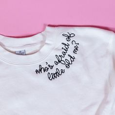 Who’s Afraid of Little Old Me? You should be! This embroidered sweatshirt is the perfect nod to TTPD and a great gift for your favorite Swiftie! oversized and comfy Teacher Crewneck Sweatshirt, Sweatshirt Designs Vinyl Cricut, Sweatshirt Embroidery Diy, The Office Embroidery, Swiftie Crafts, Embroidered Sweatshirt Diy, Hand Embroidered Sweatshirt, Hand Embroidered Gifts, Sweater Diy