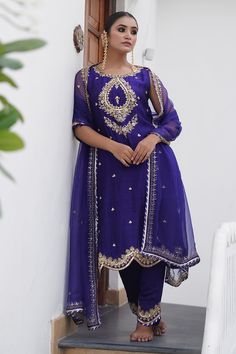 Buy Blue Kurta And Pant Pure Raw Silk Embroidered Zardosi Straight Set For Women by Gul By Aishwarya Online at Aza Fashions.