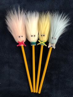 What's better than hangin' with your favorite peeps? These 4 friends share a love of all things writing! With furry heads, googly eyes, sparkly ribbons and bows, these classic yellow pencils are fun for anyone! Smooth their hair when life is fine; twirl in hands when you need to unwind! * Note * Satin ribbon bows may vary SLIGHTLY in color shade due to ribbon availability. * Note * Not for children under 3 years of age. Pencil Teacher Gift, 4 Friends, Operation Christmas Child, Satin Ribbon Bow, Pencil Toppers, Christmas Crafts For Gifts, Googly Eyes, Retro Gift, Valentine Gift