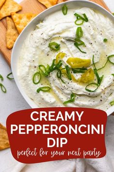 a bowl of pepperoncini dip surrounded by crackers and the words reading "Creamy Pepperoncini Dip - perfect for your next party." Gourmet Dips Recipes, Pepperoncini Appetizers, Italian Dips Appetizers, Pepperoncini Dip, Italian Dips, Dip Appetizers, Italian Appetizers Easy, Mexican Food Recipes Appetizers, Food Ball