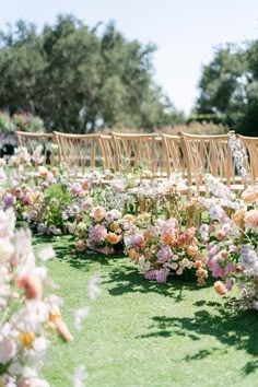 rows of wooden chairs lined up with flowers on the grass and in between them is an aisle