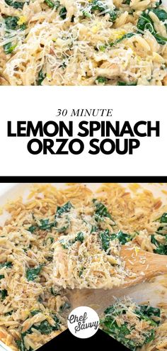 lemon spinach orzo soup in a white bowl with a wooden spoon on the side