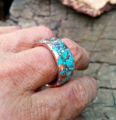 * Mixed Turquoise Inlay on Both Faces. Fire cut Bezel. Copper Ring. * polished and waxed. *. 3.25-4mm thickness. Will be adjusted with your ring size. * 12mm wide. Other wide is available on the option. * Advice your Ring Size on the Note. Adjustable Turquoise Ring With Patina For Gift, Turquoise Patina Ring As A Gift, Turquoise Ring With Patina As Gift, Gift Turquoise Ring With Patina, Copper Cuff, Copper Ring, Turquoise Cuff, Copper Rings, Cute Packaging