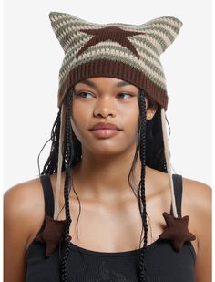 Brown & Green Stripe Star Ear Tassel Beanie | Hot Topic Cat Eared Beanie, Crochet Hat For Women, Accessories Crochet, Crochet Knit Hat, Tall Hoodies, New 52, Brown Cat, Cat Ear, Knit Hats