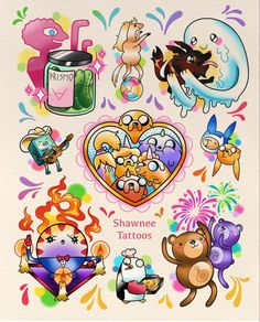 an assortment of cartoon tattoos on a white background