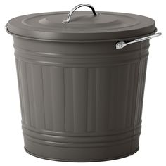 a large gray trash can with a handle on the top and an open lid is shown