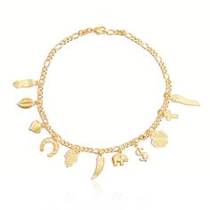 This is a Beautiful and Powerful Mega Lucky Charm Bracelet with a Collection of 11 traditional amulets used since ancient times for Protection from Envy and Evil Eye and to attract Wellbeing and Positive Energies. Express your beliefs with style with our beautiful jewelry. Crafted of 14k Gold Filled, this beautiful bracelet will look adorable on you. Lenth: 7.5" lenght and 4mm wide - for Women Chain type: Figaro Link Metal: 14k Gold Filled ✈ FREE USA SHIPPING! Delivery within 3-10 business days Good Luck Charm Necklace With Adjustable Chain, Good Luck Charms Bracelet, Good Luck Symbolic Charm Necklace, Yellow Gold Good Luck Charms Bracelets, Adjustable Good Luck Charm Bracelet, Anklet Chain, Lucky Charm Bracelet, Women Chain, Charm Anklet