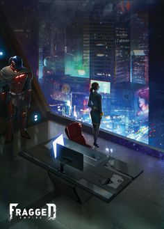 two people standing in an office looking out at the city