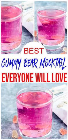 the best gummy bear mochai recipe is in a glass with pink liquid