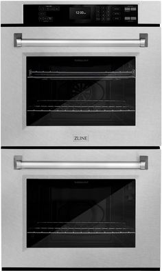 two stainless steel ovens side by side