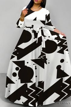 Lasaky - Perfect Vacation Wear A-Line Maxi Dress White A-line Maxi Dress For Fall, Long Sleeve Dresses With Abstract Print For Party, Chic A-line Dress With Abstract Print, White Printed Maxi Dress For Party, Chic White Dress With Abstract Print, Chic White Dresses With Abstract Print, Black A-line Maxi Dress With Print, White Printed Maxi Dress For Fall, Fall Printed White Maxi Dress