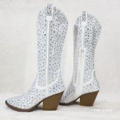 Stunning Country Western Knee Boots By Yours Forever Super Sparkle Rhinestone Boots Western Cut 3" (Approx.) Heels Half Side Zipper For Easy Usage Top Finger Pulls To Help Slip Them On. Top Opening Approx. 14" On Size 7 And Will Go Up As Sizes Do. Definite Head Turners Brand New In Box White Embellished Spring Boots, White Embellished Boots With Round Toe, Summer Boots With Rhinestones And Round Toe, Glamorous White Embellished Boots, White Rhinestone Boots With Round Toe, White Rhinestone Boots For Spring, White Synthetic Boots For Party, White Synthetic Party Boots, Spring Boots With Glitter Accents And Round Toe