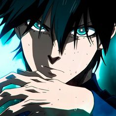 an anime character with black hair and blue eyes holding his hand to his chest while looking at the camera