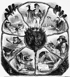 an old cartoon depicting the devil surrounded by other people