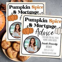 two pumpkin spice business cards sitting on top of a plate filled with apples and cinnamons