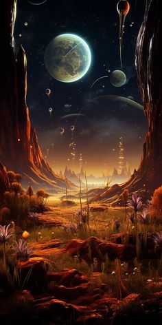 an artist's rendering of planets in the sky with trees and plants around them