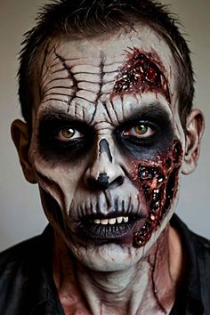 Spine-Chilling Halloween Makeup Ideas for Men ★ Zombie Mens Halloween Makeup Halloween Face Paint Scary, Gory Halloween Makeup, Halloween Makeup Ideas For Men, Halloween Makeup For Men, Makeup Ideas For Men, Clown Skeleton, Joker Makeup Tutorial, Mens Halloween Makeup