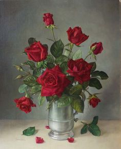 a painting of red roses in a silver vase