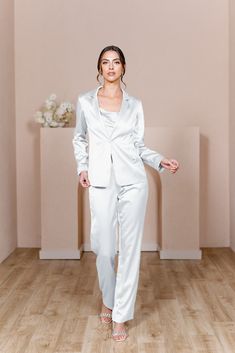 Model: Lindsey; Size: 4 Pants Silhouette, Jacket Silhouette, Wedding Parties Colors, Fitted Pants, Satin Jacket, Fitted Jacket, Bridesmaid Dress Colors, Satin Pants, Satin Jackets