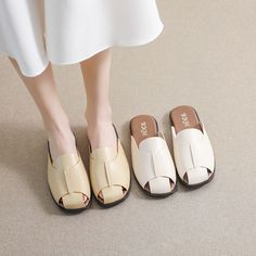 Women Retro Casual Leather Summer Slides Summer Slides, Summer Slide, Loafer Shoes Women, Summer Heels, Outdoor Slippers, Slides Women, Yellow Shoes, Plain Color, Beige Shoes