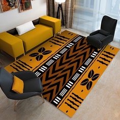 a living room with yellow and black furniture