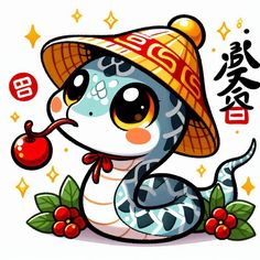 a cartoon snake wearing a hat and holding an apple in it's mouth, with chinese characters on the background