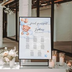 a table with candles and a sign on it