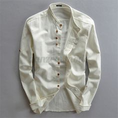 Men's Linen Style Long Sleeve Solid Shirts Casual Fit Formal Dress Top Tee Shirt | eBay Beige Shirt With Casual Collar For Spring, Beige Casual Collar Shirt For Spring, Casual Stand Collar Top With Buttons, Casual Tops With Buttons And Stand Collar, Long Sleeve Cotton Tops With Placket, Long Sleeve Cotton Top With Placket, Cotton Long Sleeve Tops With Placket, Classic Cotton Shirt With Stand Collar, White Crew Neck Shirt With Buttons