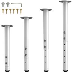 three different types of poles with screws and nuts on each pole, all in white