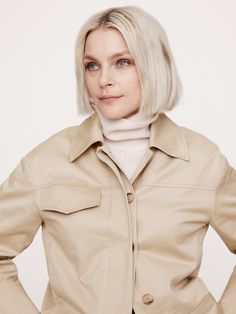 An ode to 90s minimalism, we pared back the utilitarian detailing for this short jacket, opting for a concealed button placket and welt pockets at the front.  We cut this one in a beautiful stretch-cotton sateen fabric, one we love for its dressed-up appearance.  Warm: Unlined.  Relaxed fit.  Point collar with concealed button front.  Side seam and single chest pockets.  Unlined.  Relaxed fit.  Long sleeves.  Hip length.  Model: Size S, 5'10" (178cm). 90s Minimalism, Short Jacket, Utility Jacket, Hip Length, Button Placket, Welt Pockets, Welt Pocket, Stretch Cotton, Banana Republic