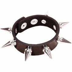 Punk, biker, vampire or rocker?  The possibilities are endless when you have this amazing accessory.  This black leather bracelet buckles closed around the wrist.  This bracelet has 2 rows of metal spikes.  Bracelet is a generous 10 inches in total length and slightly over 1 inch wide.  Spikes are a poky 1/2 inch long.  Complete… Adjustable Punk Bracelets For Biker Events, Black Punk Wristband For Concert, Punk Style Studded Bracelets For Festivals, Punk Black Bracelet With Silver Studs, Punk Studded Bracelets For Festivals, Punk Style Studded Leather Bracelet For Festivals, Metal Studs Bracelet For Concerts, Metal Studded Bracelets For Concerts, Metal Stud Bracelets For Concerts