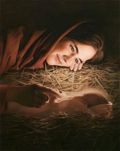 a painting of a woman laying in hay with her hands on the baby jesus's chest