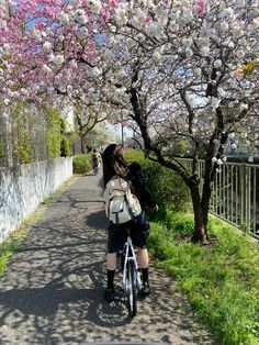 a woman riding a bike down a sidewalk next to a tree filled with pink flowers